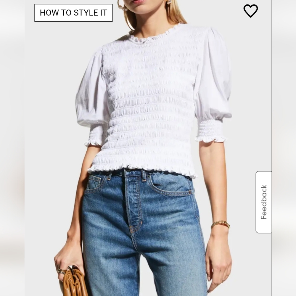 Veronica Beard Jeans Langston Smocked Puff Sleeve Top, White, Size Small